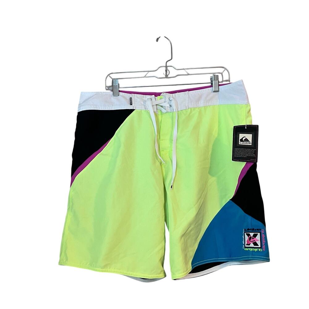 New Quicksilver Men’s Boardshorts Neon Bright 80s 36 Logo NWT Yellow Drawcord